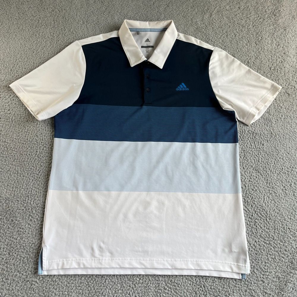 Adidas Polo Shirt Mens Large White Blue Color Block Striped Golf Casual Outdoors